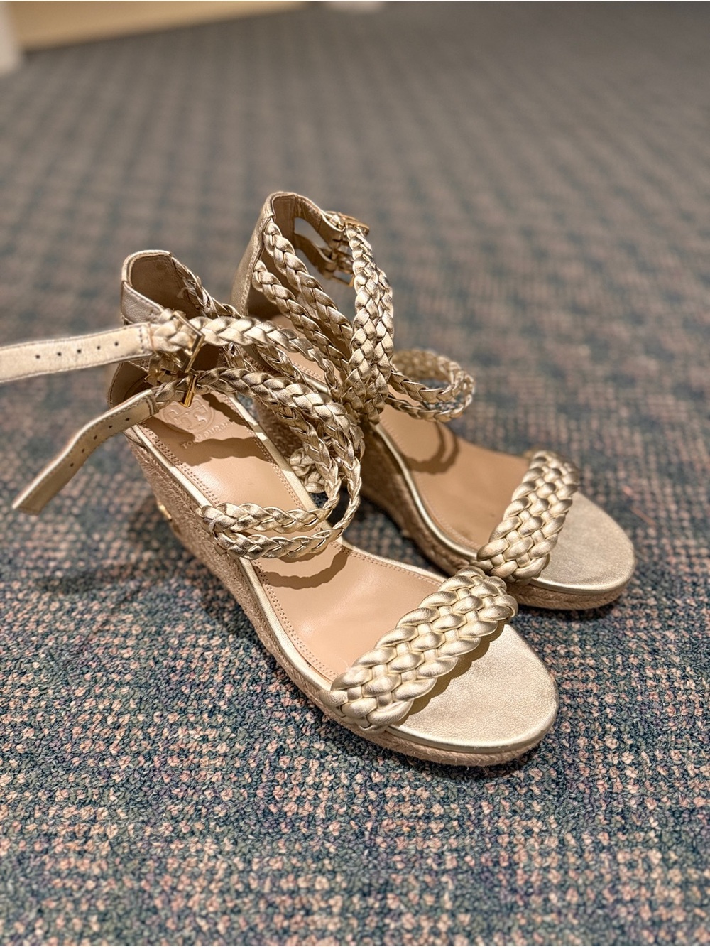 Tory Burch Braided Metallic Gold Wedge Sandals size 9.5
